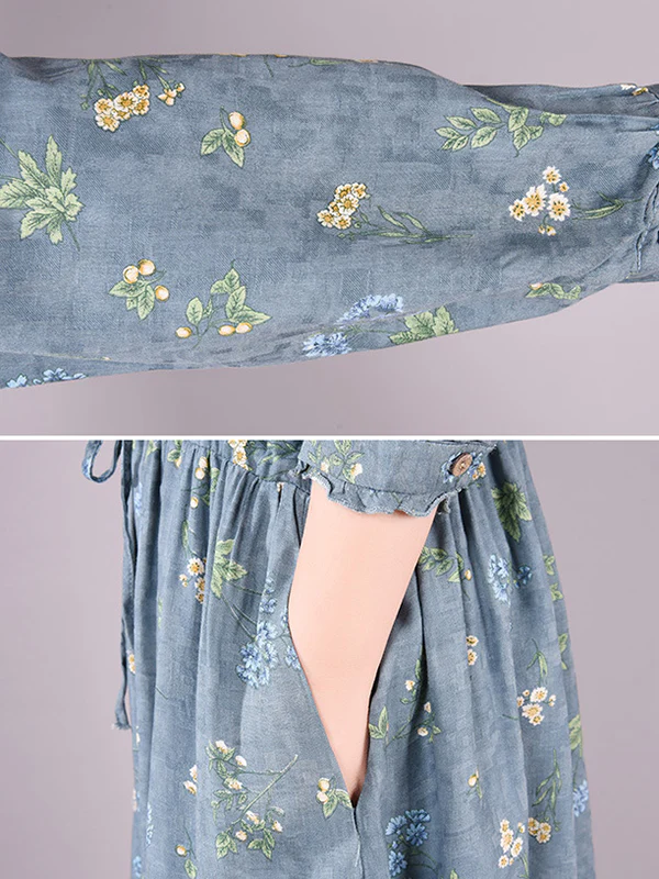 Vintage Floral Printed Ramie Cotton Loose Midi Dress - Image 12