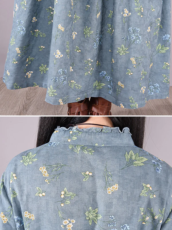 Vintage Floral Printed Ramie Cotton Loose Midi Dress - Image 13