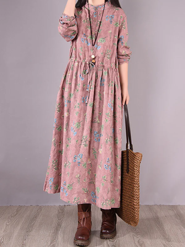 Vintage Floral Printed Ramie Cotton Loose Midi Dress - Image 2