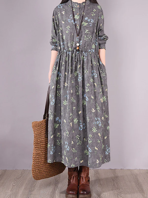 Vintage Floral Printed Ramie Cotton Loose Midi Dress - Image 3