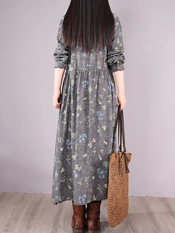 Vintage Floral Printed Ramie Cotton Loose Midi Dress - Image 4