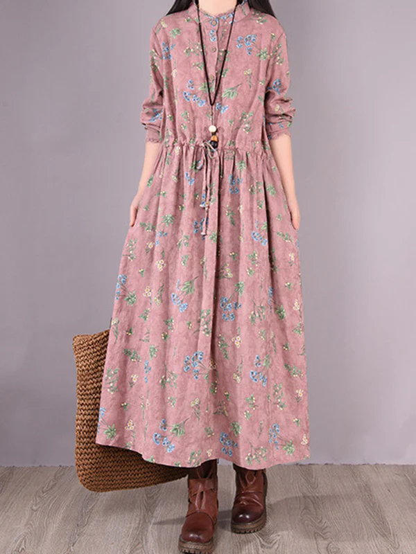 Vintage Floral Printed Ramie Cotton Loose Midi Dress - Image 5