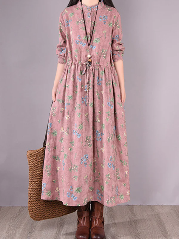 Vintage Floral Printed Ramie Cotton Loose Midi Dress - Image 6