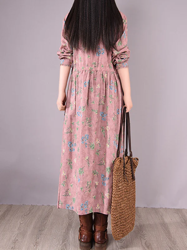 Vintage Floral Printed Ramie Cotton Loose Midi Dress - Image 7