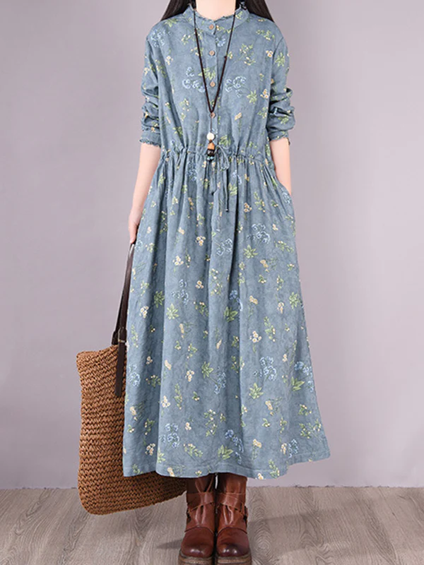 Vintage Floral Printed Ramie Cotton Loose Midi Dress - Image 8