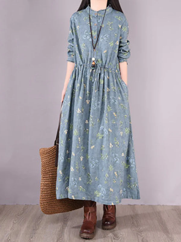 Vintage Floral Printed Ramie Cotton Loose Midi Dress - Image 9