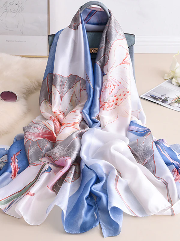 Vintage Floral Printed Silk Imitation Shawl Scarf - Image 2