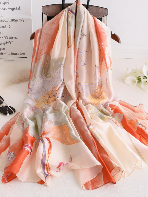 Vintage Floral Printed Silk Imitation Shawl Scarf - Image 3