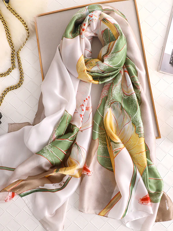 Vintage Floral Printed Silk Imitation Shawl Scarf - Image 4