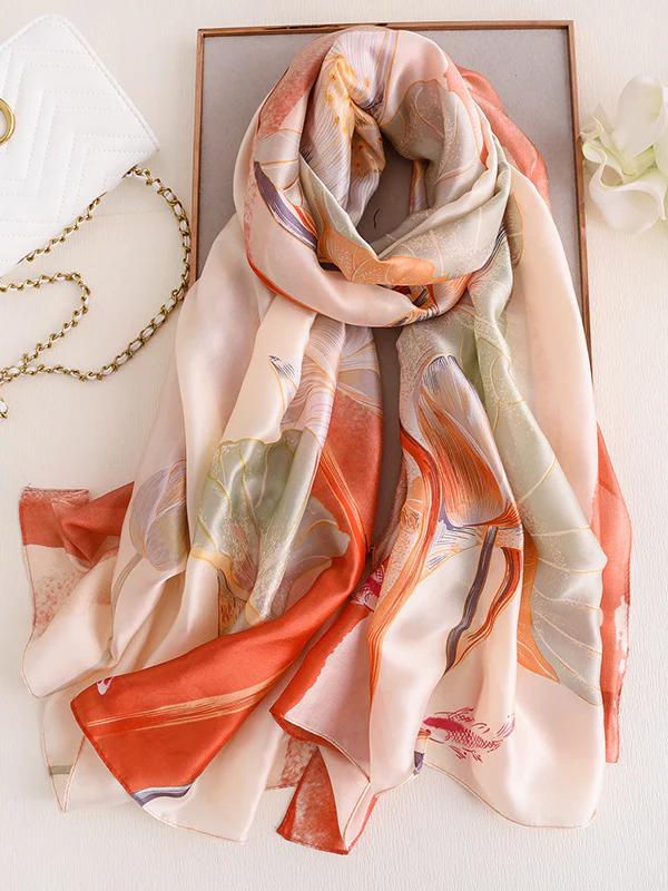 Vintage Floral Printed Silk Imitation Shawl Scarf - Image 5
