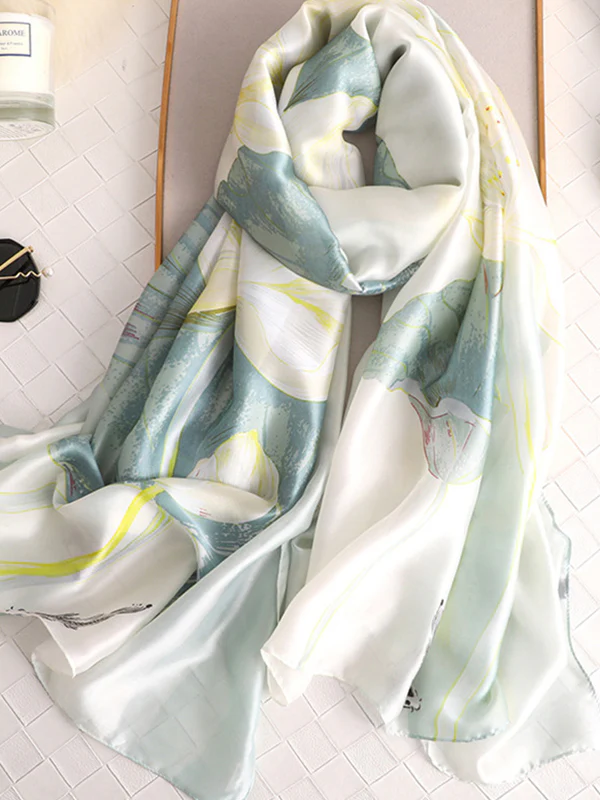 Vintage Floral Printed Silk Imitation Shawl Scarf - Image 6