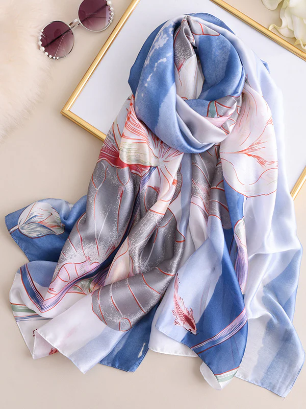 Vintage Floral Printed Silk Imitation Shawl Scarf - Image 7