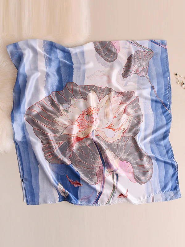 Vintage Floral Printed Silk Imitation Shawl Scarf - Image 8