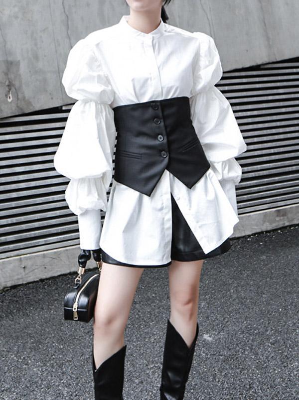 Vintage Layered Puff Sleeve Long Shirt - Image 4