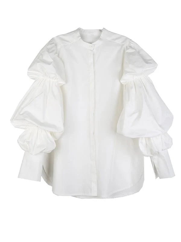 Vintage Layered Puff Sleeve Long Shirt - Image 9