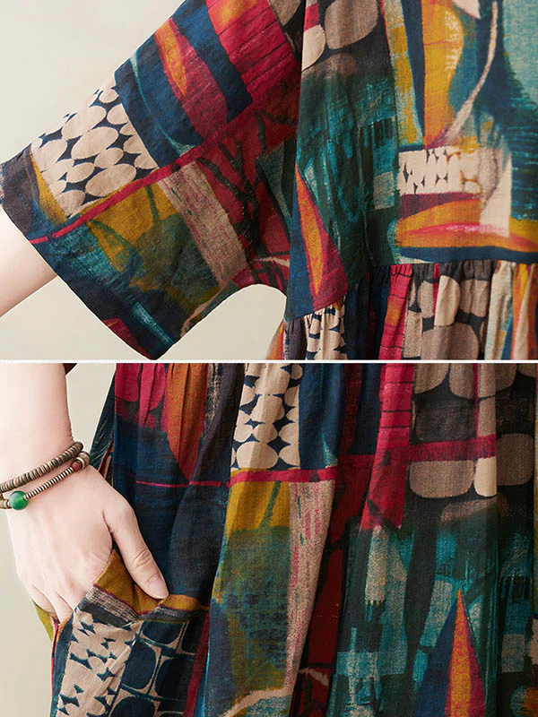 Vintage Loose Abstract Printed Pleated Round-Neck Half Sleeves Midi Dress - Image 10