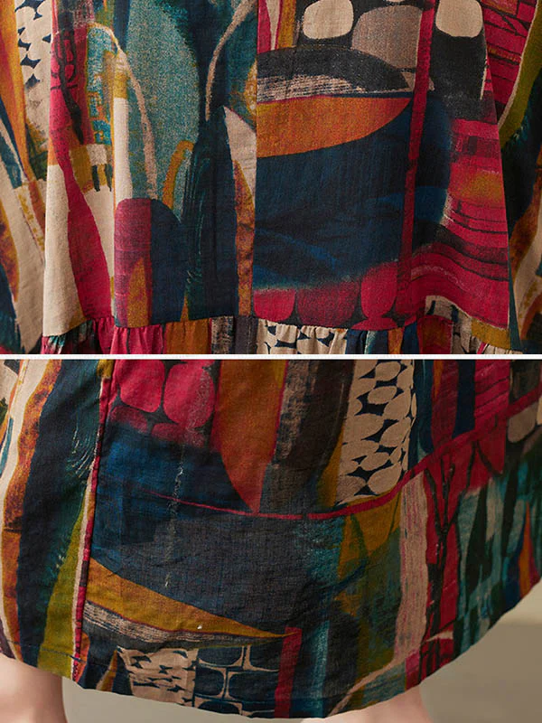 Vintage Loose Abstract Printed Pleated Round-Neck Half Sleeves Midi Dress - Image 11