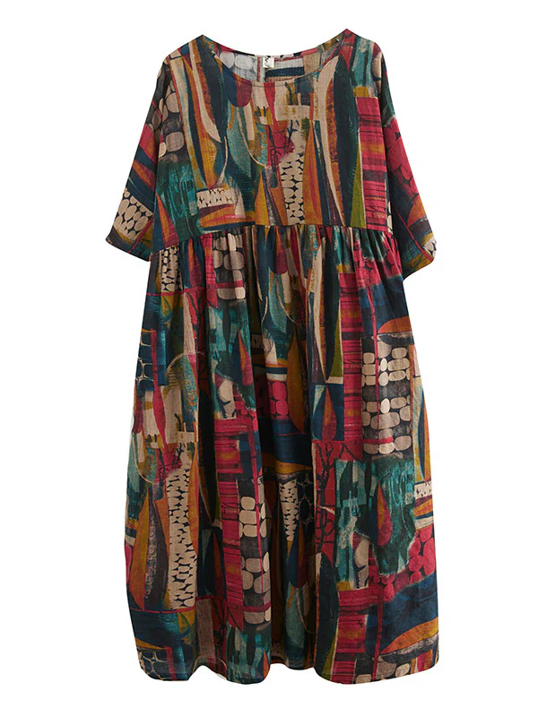 Vintage Loose Abstract Printed Pleated Round-Neck Half Sleeves Midi Dress - Image 12