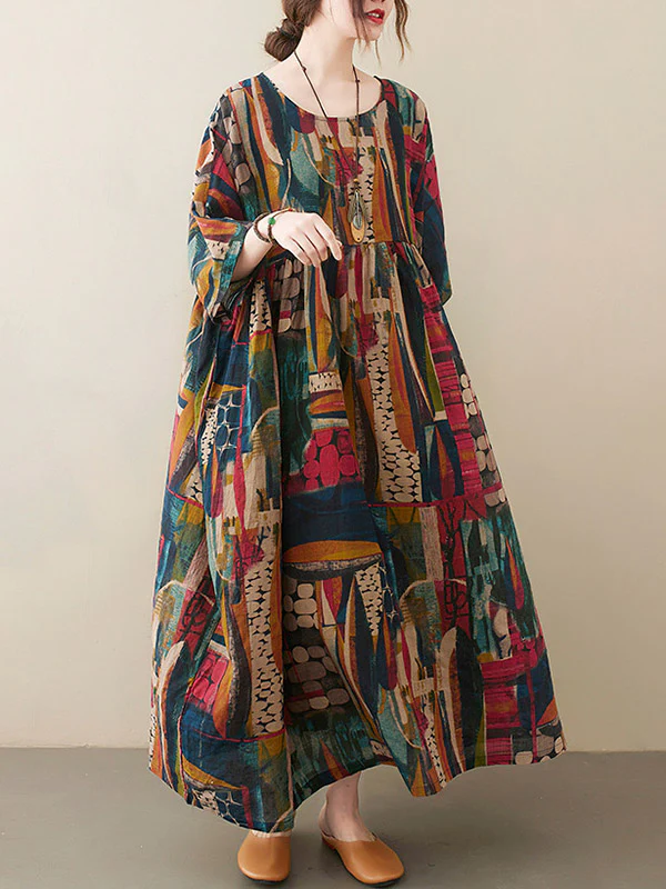 Vintage Loose Abstract Printed Pleated Round-Neck Half Sleeves Midi Dress - Image 2