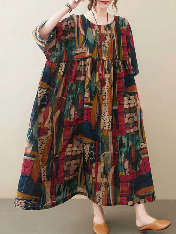 Vintage Loose Abstract Printed Pleated Round-Neck Half Sleeves Midi Dress - Image 3