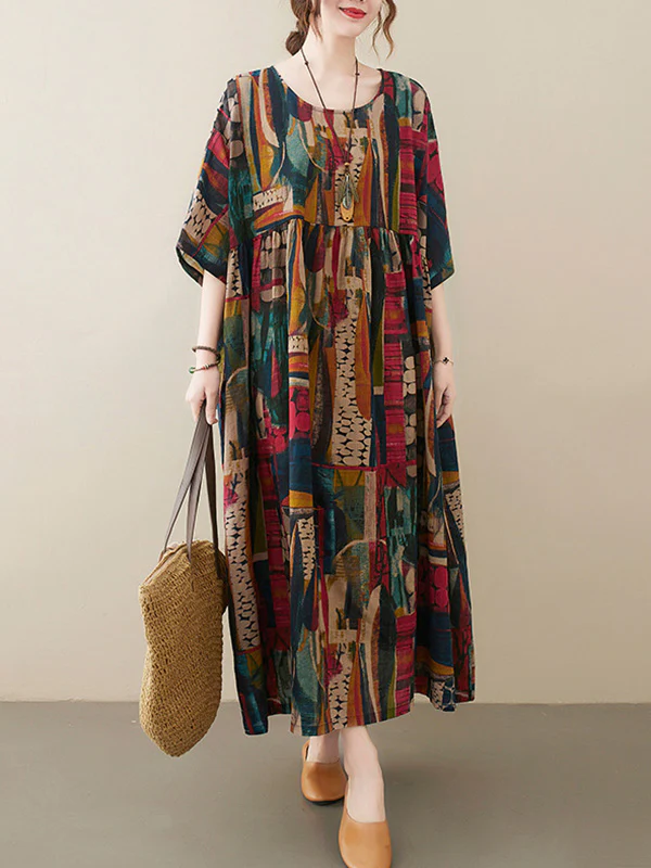 Vintage Loose Abstract Printed Pleated Round-Neck Half Sleeves Midi Dress - Image 4