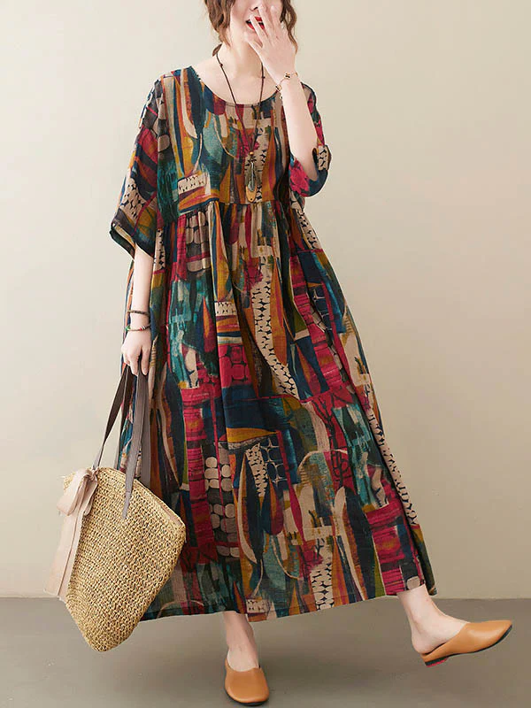 Vintage Loose Abstract Printed Pleated Round-Neck Half Sleeves Midi Dress - Image 5