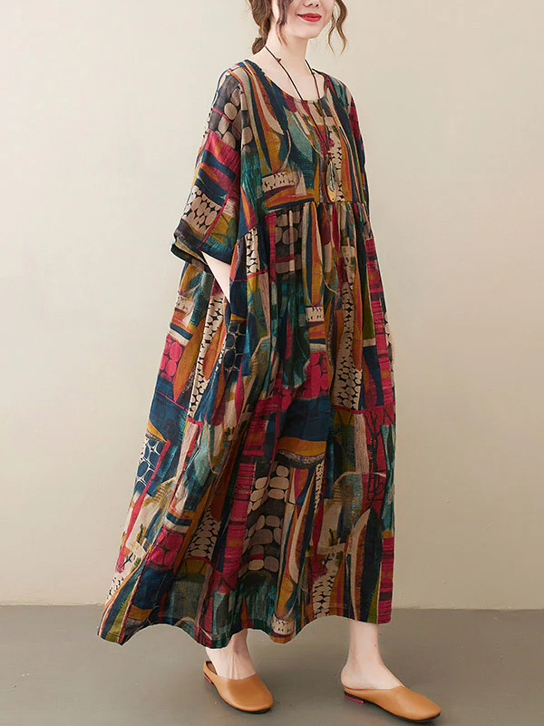 Vintage Loose Abstract Printed Pleated Round-Neck Half Sleeves Midi Dress - Image 6