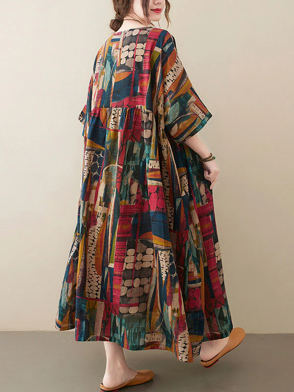 Vintage Loose Abstract Printed Pleated Round-Neck Half Sleeves Midi Dress - Image 7