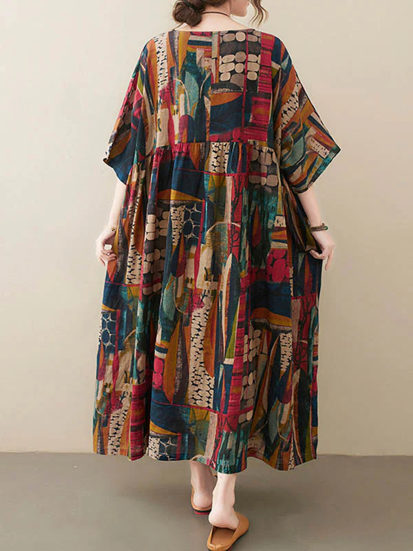 Vintage Loose Abstract Printed Pleated Round-Neck Half Sleeves Midi Dress - Image 8