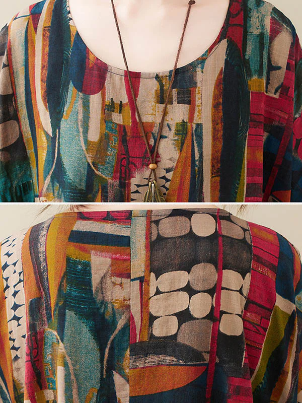 Vintage Loose Abstract Printed Pleated Round-Neck Half Sleeves Midi Dress - Image 9