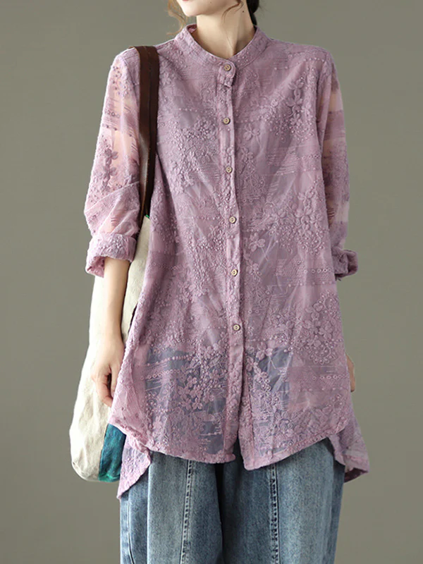 Vintage Loose Embroidered Lace Hollow Blouse - Image 10