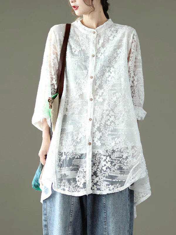 Vintage Loose Embroidered Lace Hollow Blouse - Image 3