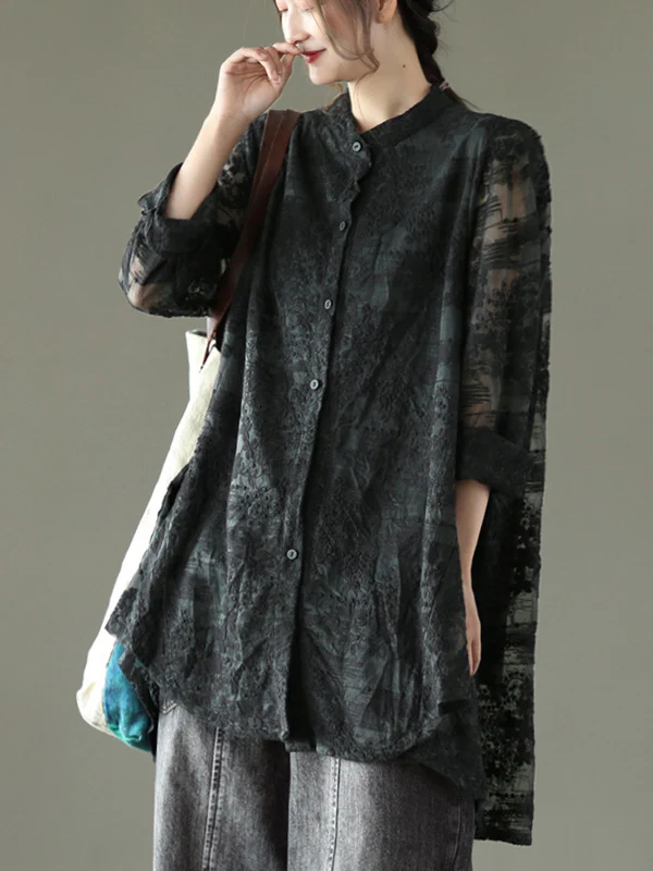 Vintage Loose Embroidered Lace Hollow Blouse - Image 4