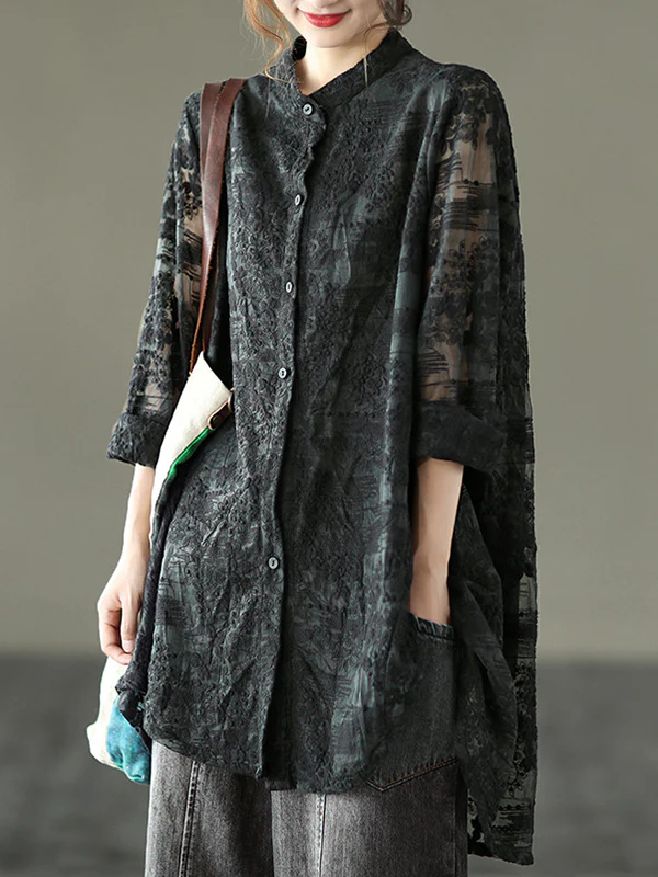 Vintage Loose Embroidered Lace Hollow Blouse - Image 5