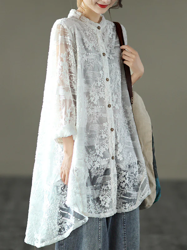 Vintage Loose Embroidered Lace Hollow Blouse - Image 8