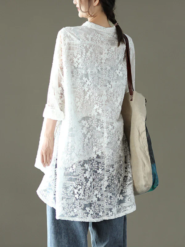 Vintage Loose Embroidered Lace Hollow Blouse - Image 9