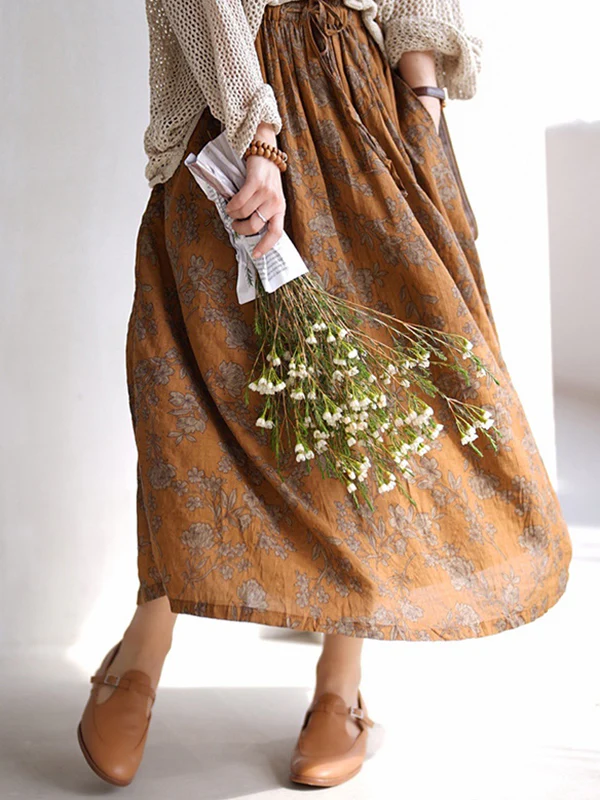 Vintage Loose Floral Printed A-Line Skirts Bottom - Image 2