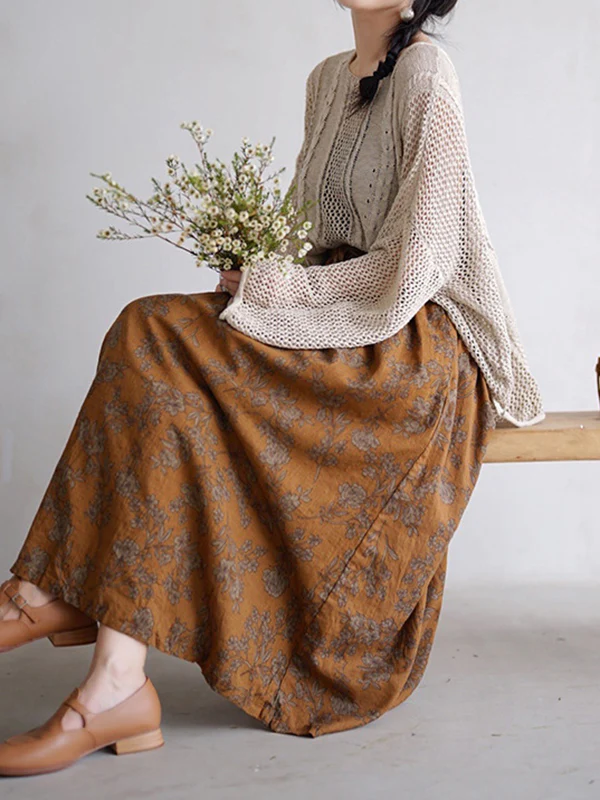 Vintage Loose Floral Printed A-Line Skirts Bottom - Image 3