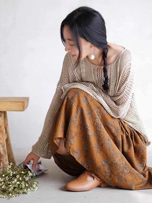 Vintage Loose Floral Printed A-Line Skirts Bottom - Image 4