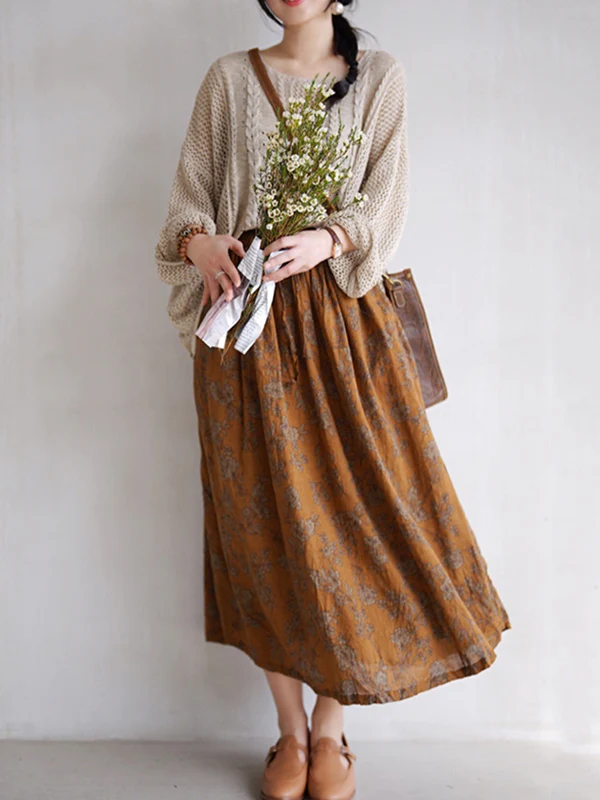 Vintage Loose Floral Printed A-Line Skirts Bottom - Image 5