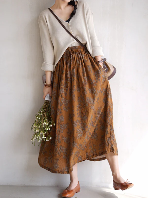 Vintage Loose Floral Printed A-Line Skirts Bottom - Image 6