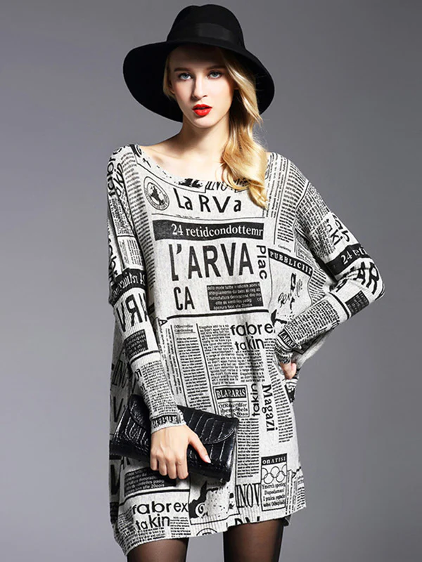 Vintage Loose One-Shoulder Newspaper Printed Split-Joint Sweater