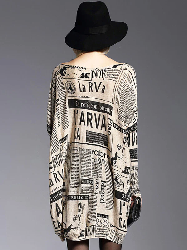 Vintage Loose One-Shoulder Newspaper Printed Split-Joint Sweater - Image 10
