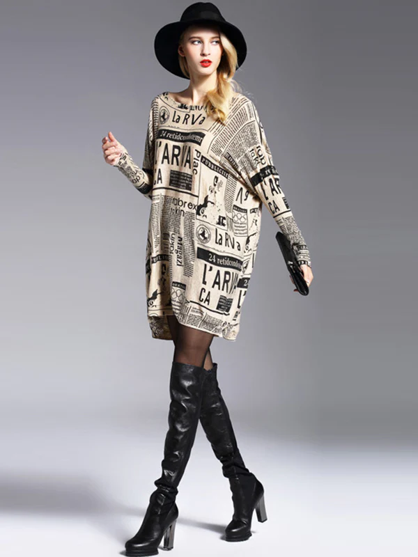 Vintage Loose One-Shoulder Newspaper Printed Split-Joint Sweater - Image 11