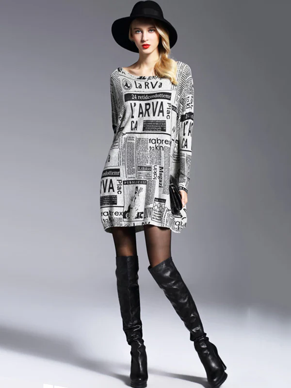 Vintage Loose One-Shoulder Newspaper Printed Split-Joint Sweater - Image 12