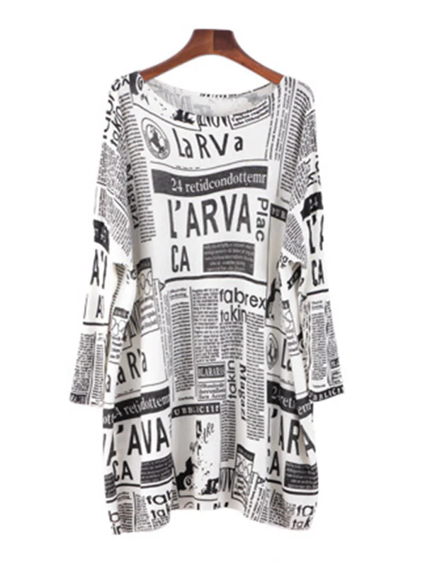 Vintage Loose One-Shoulder Newspaper Printed Split-Joint Sweater - Image 13