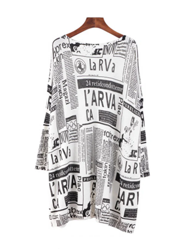 Vintage Loose One-Shoulder Newspaper Printed Split-Joint Sweater - Image 14