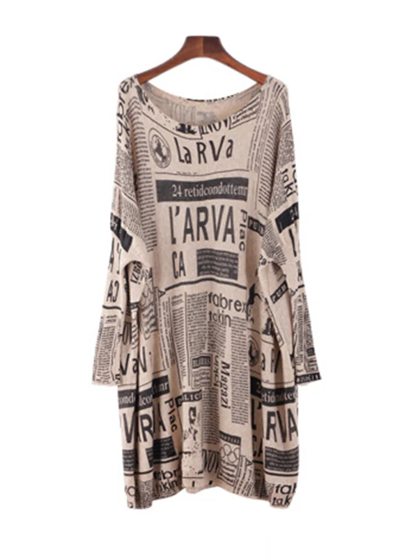 Vintage Loose One-Shoulder Newspaper Printed Split-Joint Sweater - Image 15