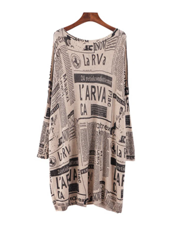 Vintage Loose One-Shoulder Newspaper Printed Split-Joint Sweater - Image 16