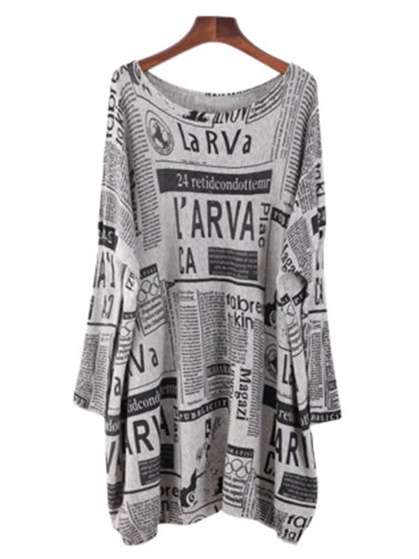 Vintage Loose One-Shoulder Newspaper Printed Split-Joint Sweater - Image 17